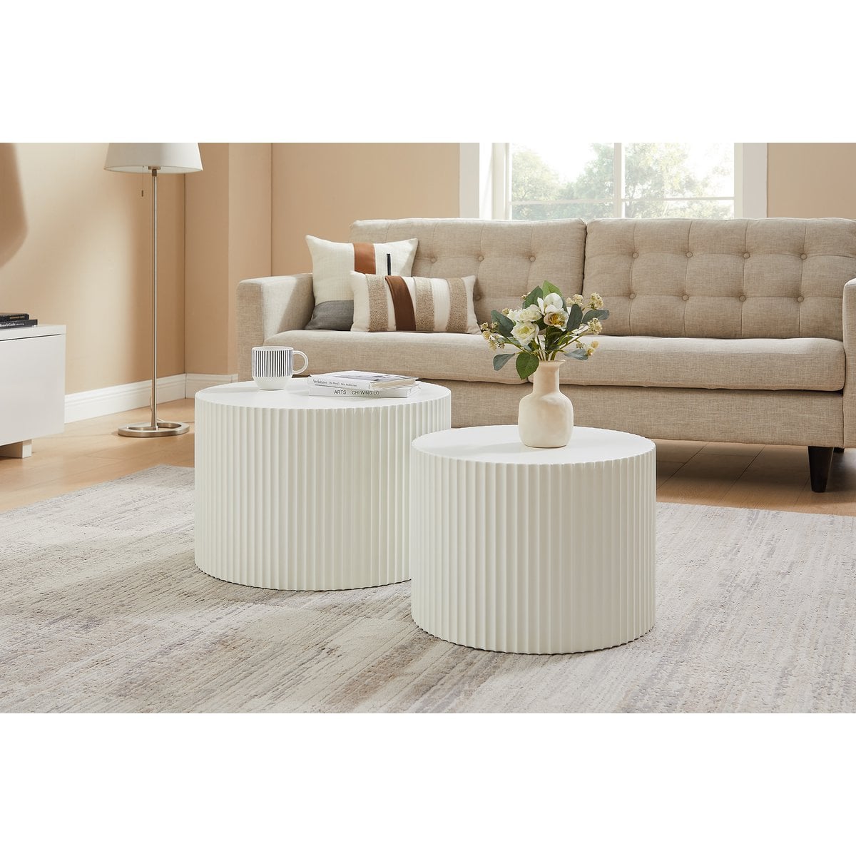 Couchtisch 2er Set Weiß – Moderne Wohnzimmertische mit Rillenstruktur – MDF Matt – 60 & 48 cm