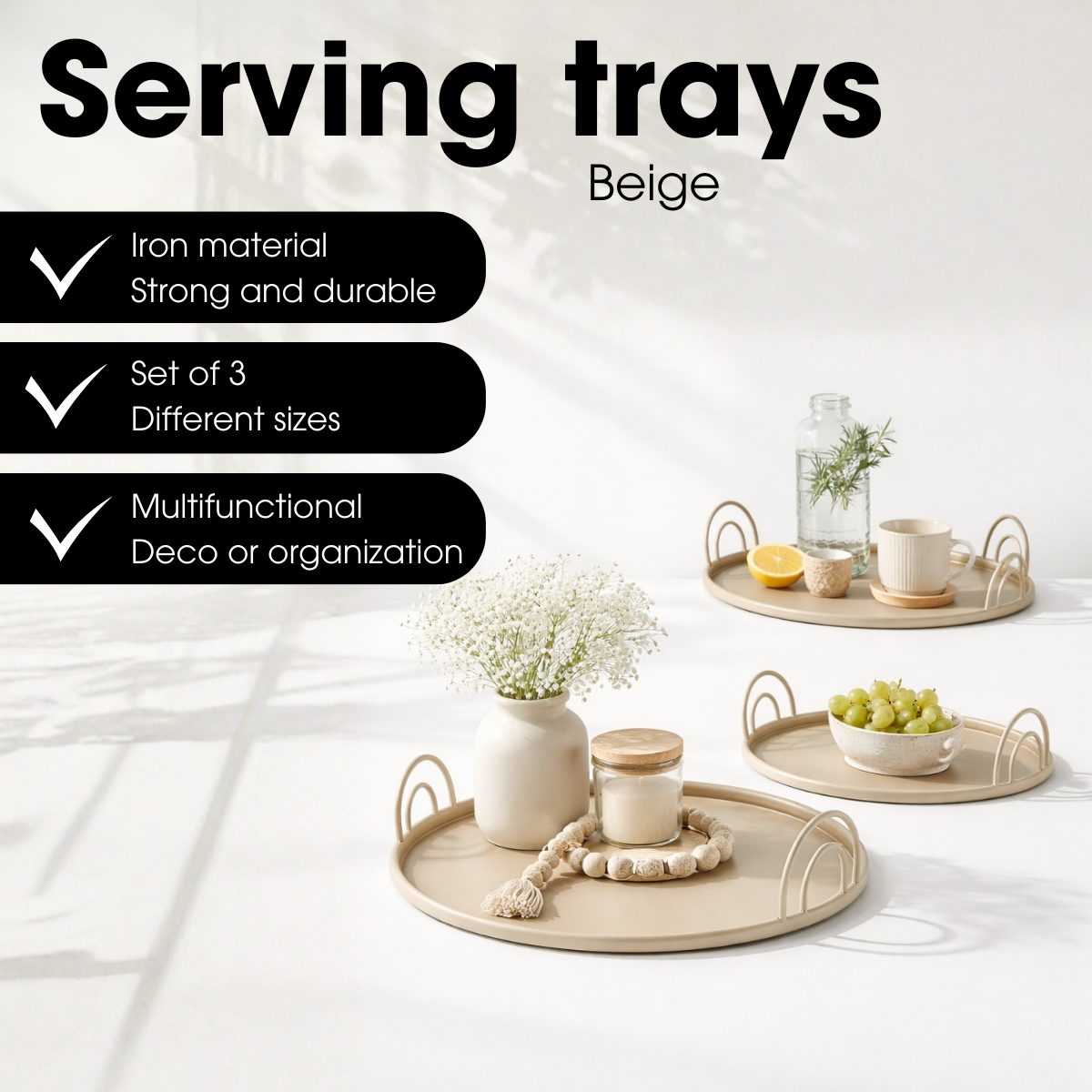 Rundes Eisentablett Beige 3er-Set – Dekoration & Servieren
