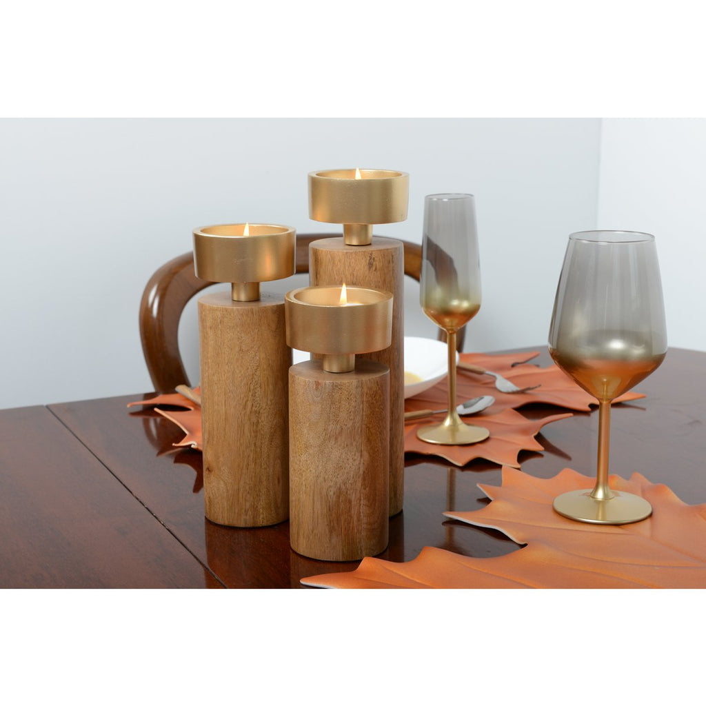 Holz- und Goldmetallkerzenhalter 19cm
