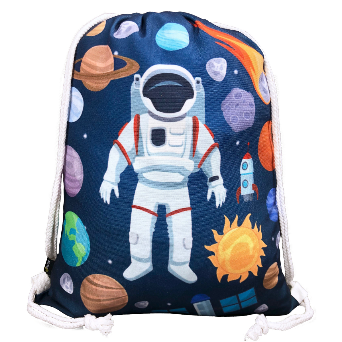 Kinder Turnbeutel Astronaut Weiß - HECKBO Weltraum Sportbeutel mit Raketen