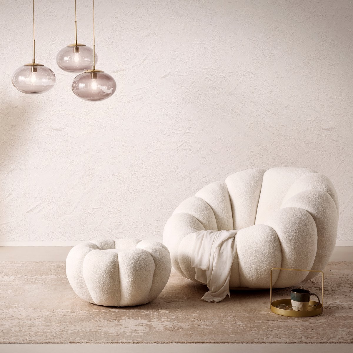 Sessel und Hocker Set aus Teddyfell Weiß