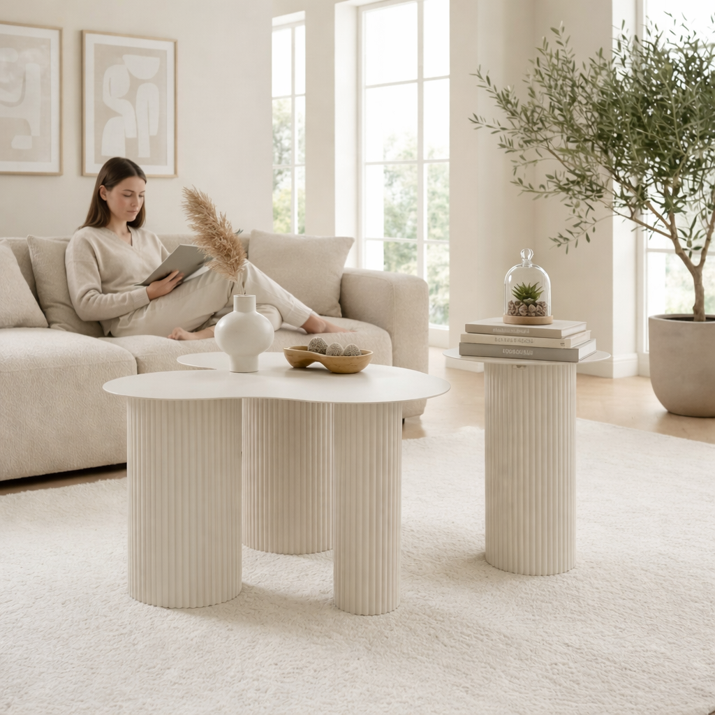 Beistelltisch Lux Set Off-White – skulpturales Design neben dem Sofa
