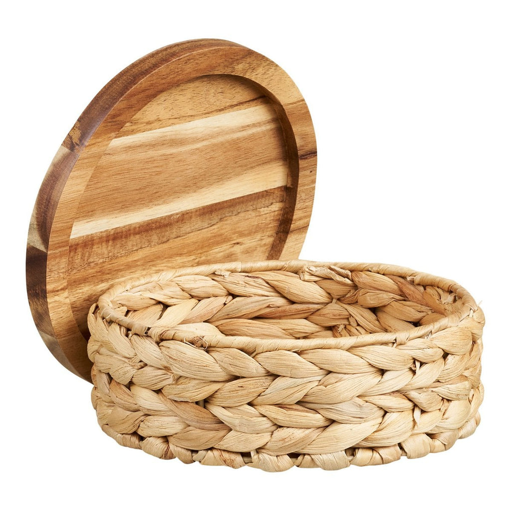 Botofte Baskets with wood lid, water hyacinth, natural, set of 3