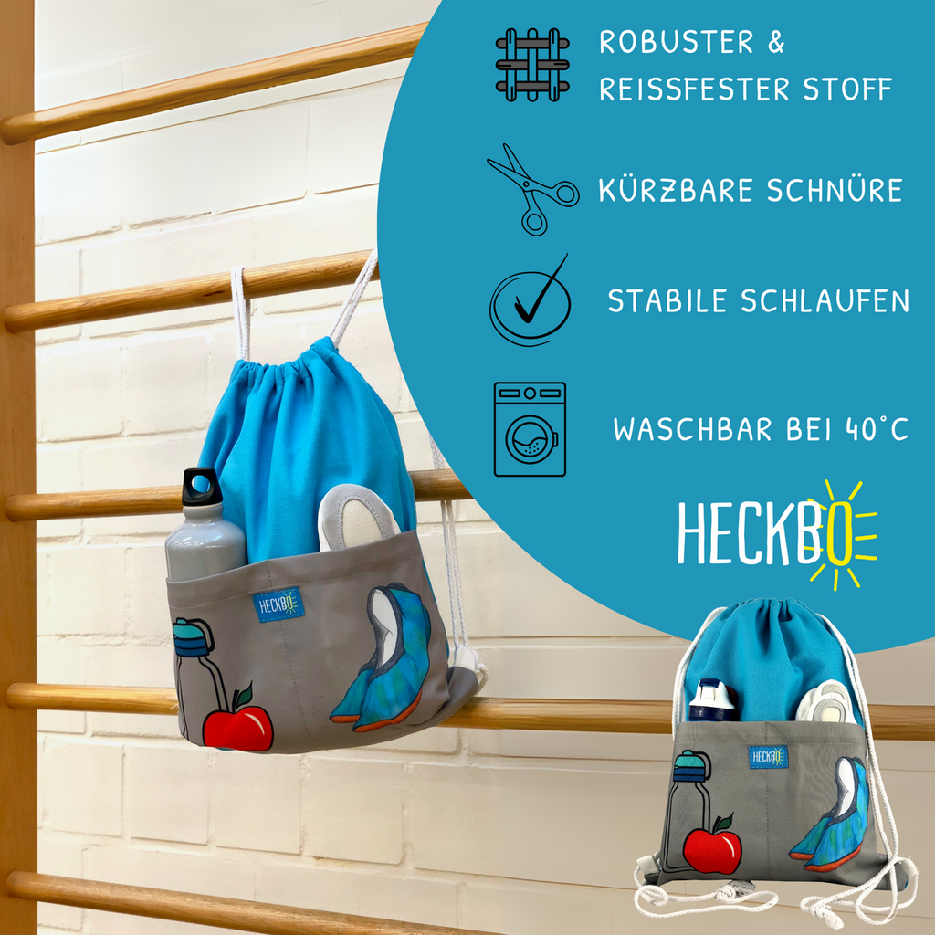 HECKBO Turnbeutel für Kinder - Detailansicht der 2 praktischen Fronttaschen