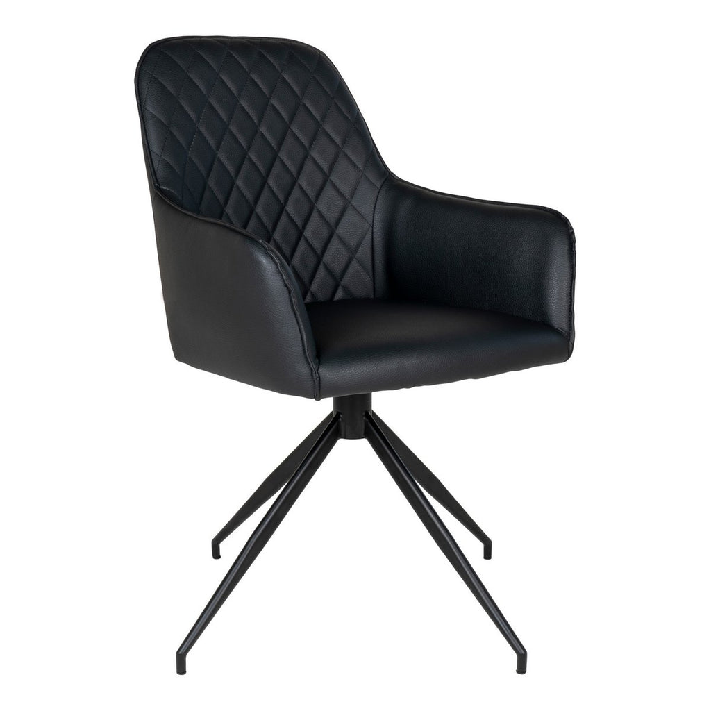 Harbo Esszimmerstuhl mit Drehgelenk – Schwarz, PU-Leder, schwarze Metallbeine