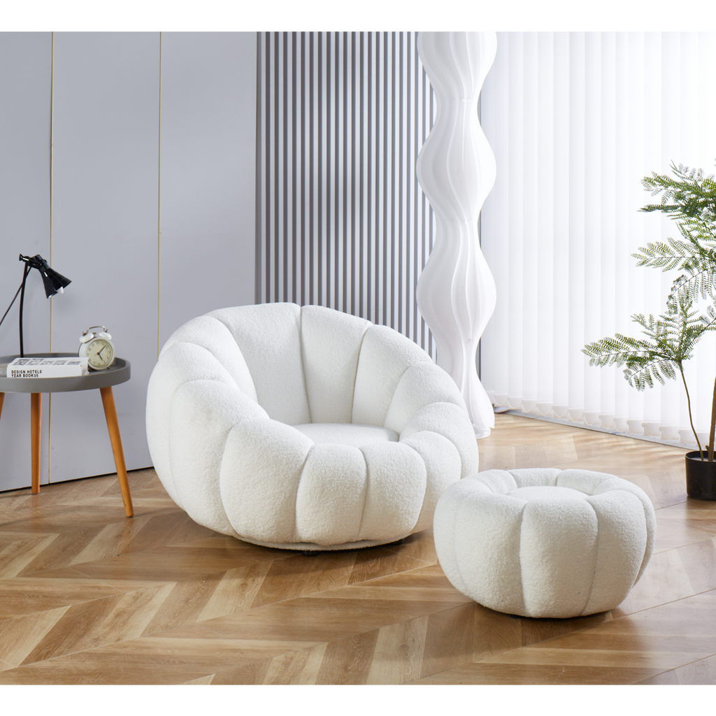 Sessel und Hocker Set aus Teddyfell Weiß