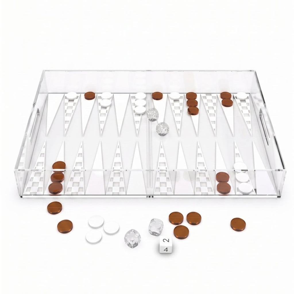 Backgammon-Set Aulica – Acryl-Koffer Weiß/Braun | 25x38x5cm