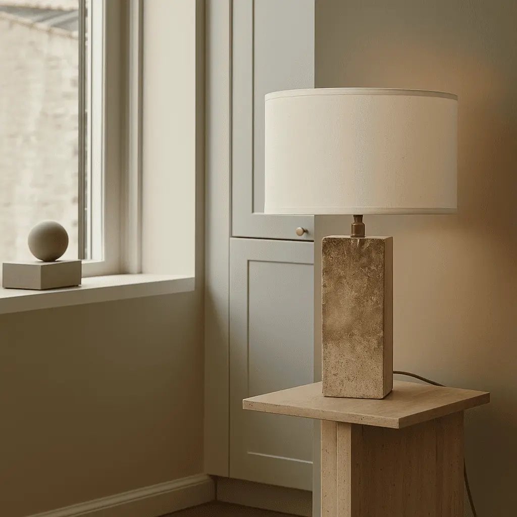 Rosie Travertinlampe | Baumwollschirm und elegantes Design H:49cm