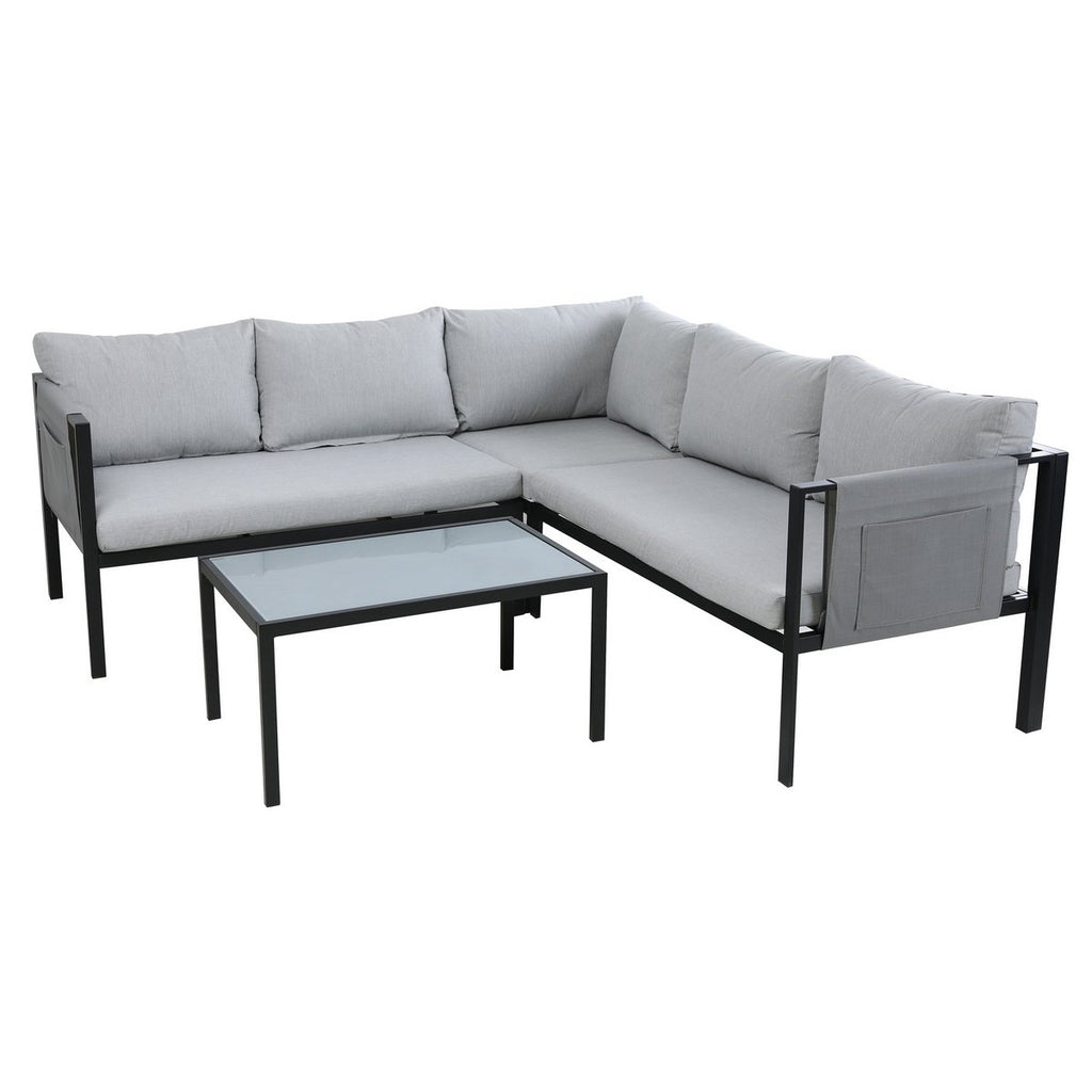 Moderne schwarze Gartensitzgruppe mit Ecksofa und Glastisch