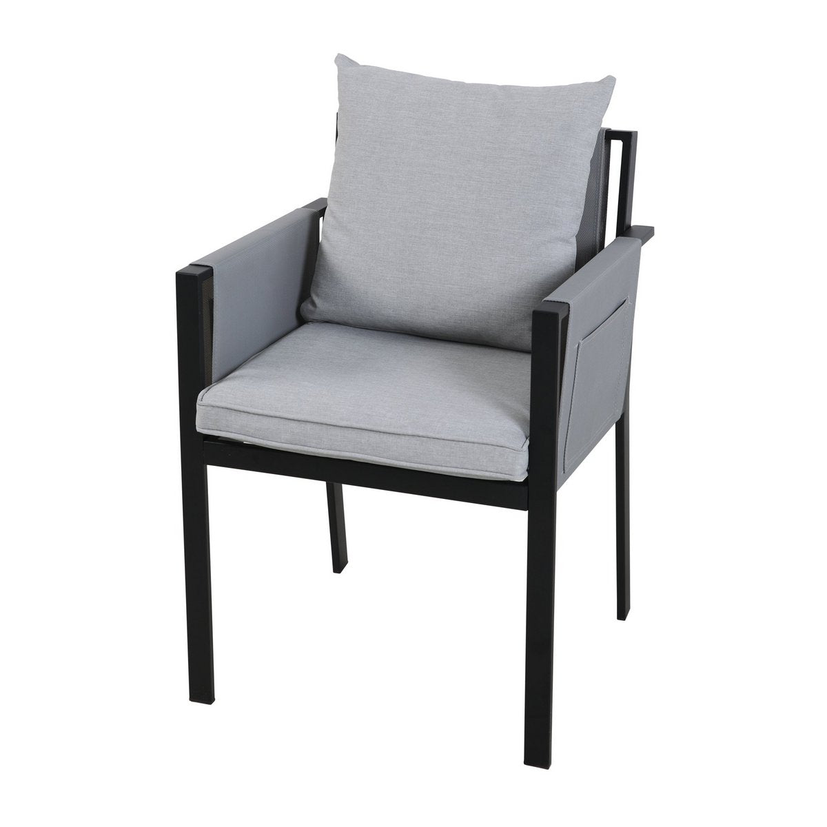 Essgruppe Outdoor mit Glastisch und grauen Kissen