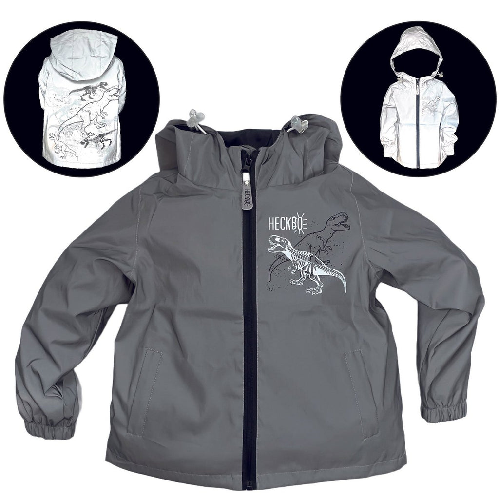 Kinder Regenjacke reflektierend mit Dinosaurier-Motiv grau silber