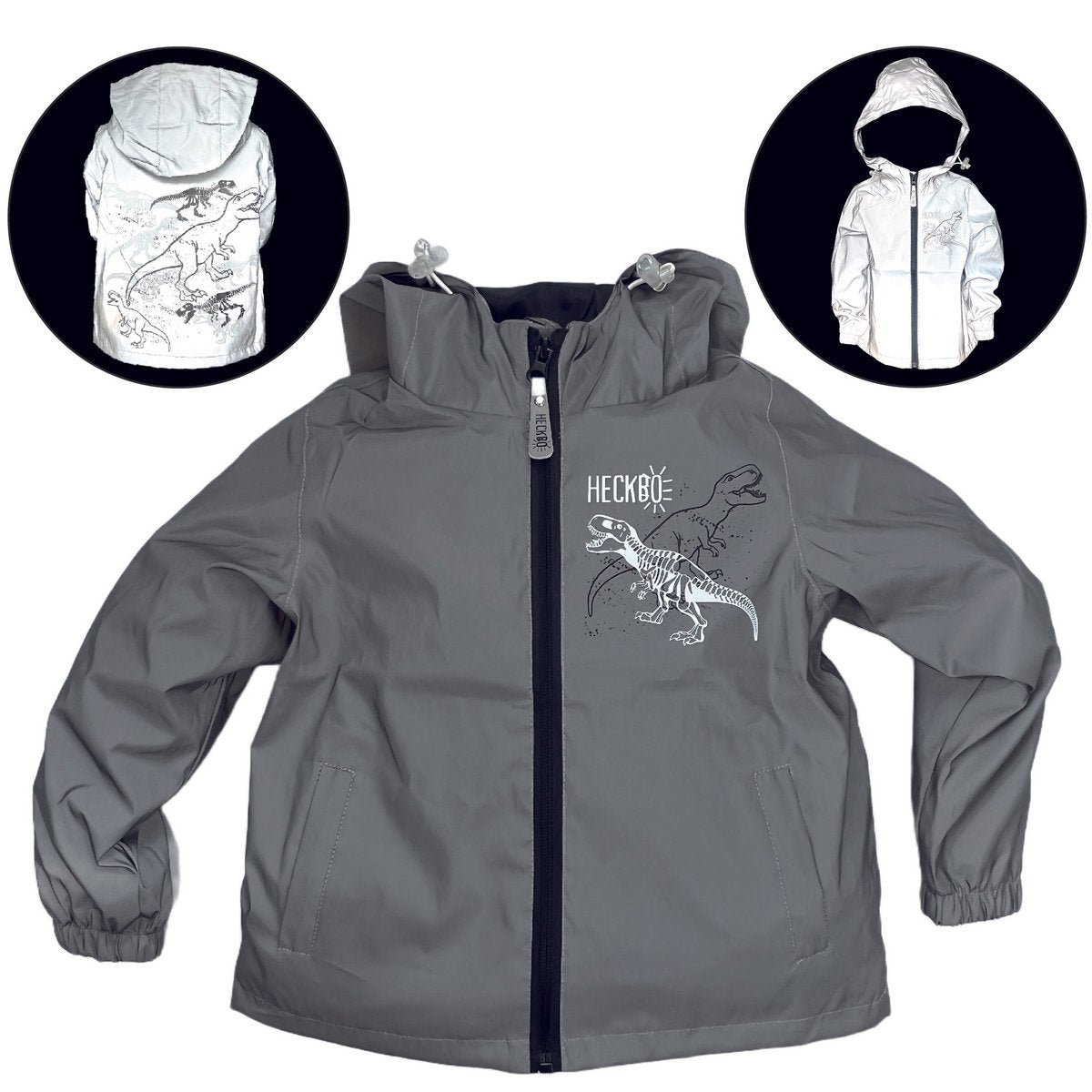 Kinder Regenjacke reflektierend mit Dinosaurier-Motiv grau silber