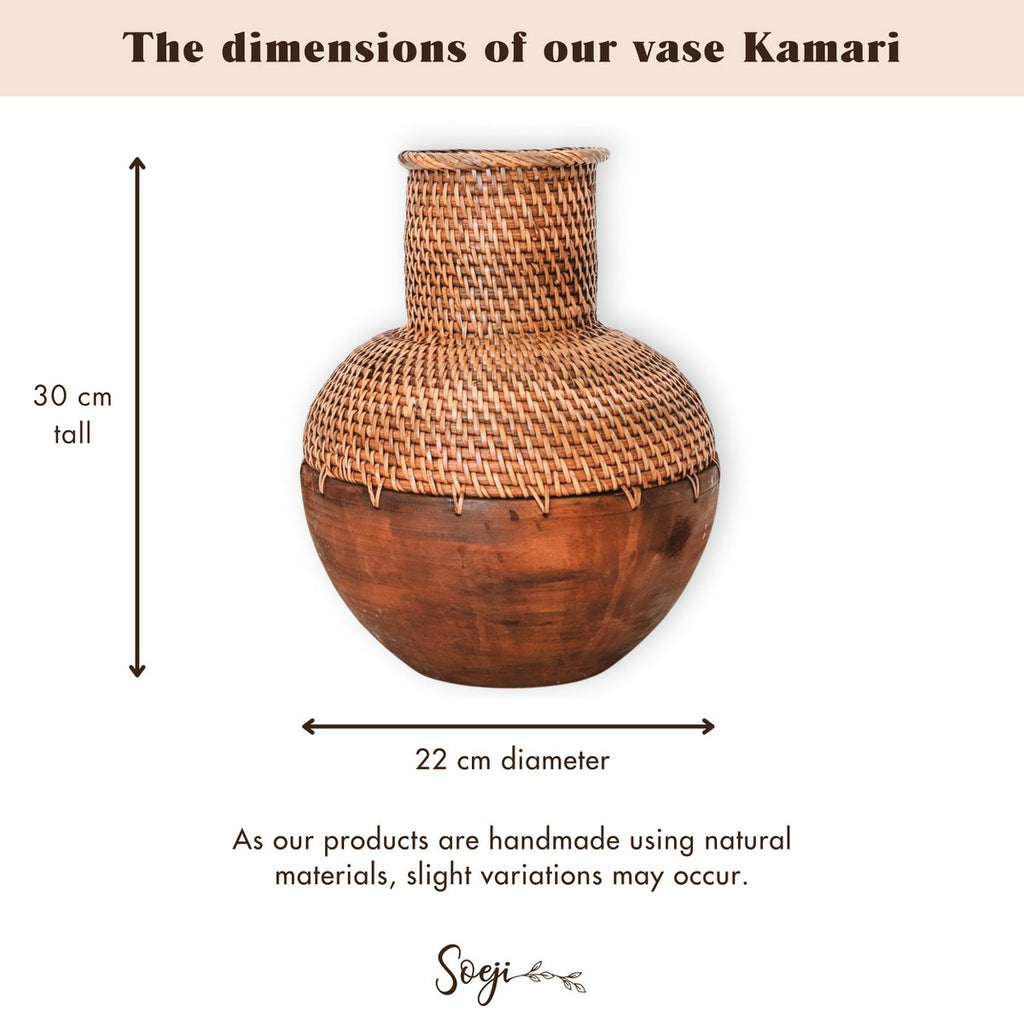 Rattanvase – Holzvase – Vase für Trockenblumen – Kleine Rattanvase – Boho-Dekorvase aus geflochtenem Rattan und Holz (Ø 22 cm) KAMARI braun