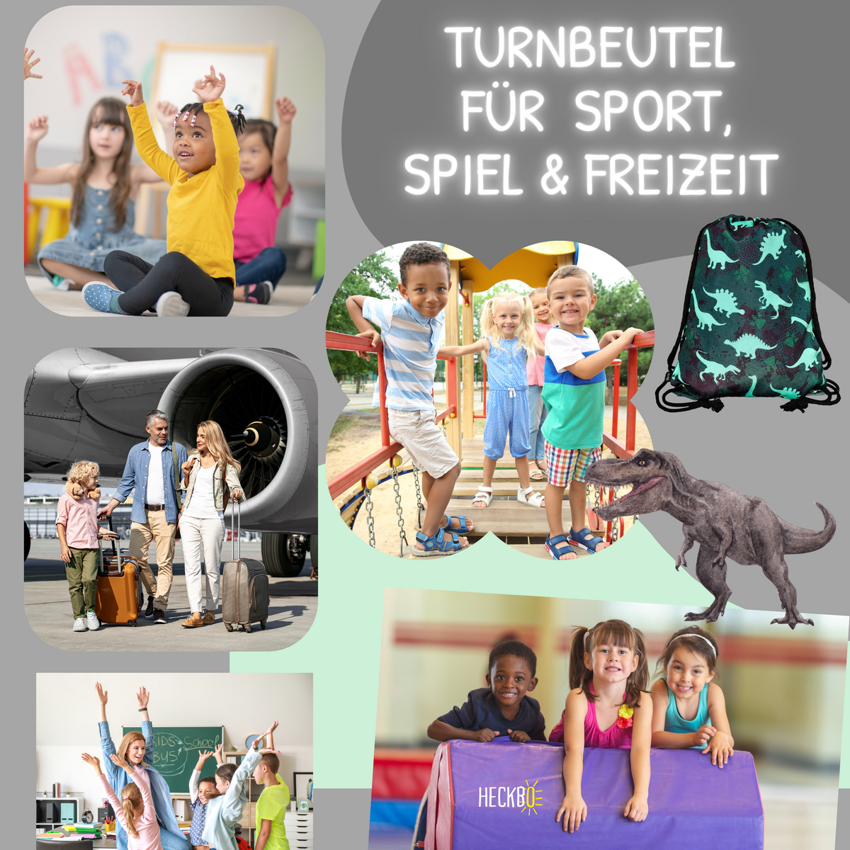 Turnbeutel Dinosaurier für Kinder - mit verstellbaren Kordeln