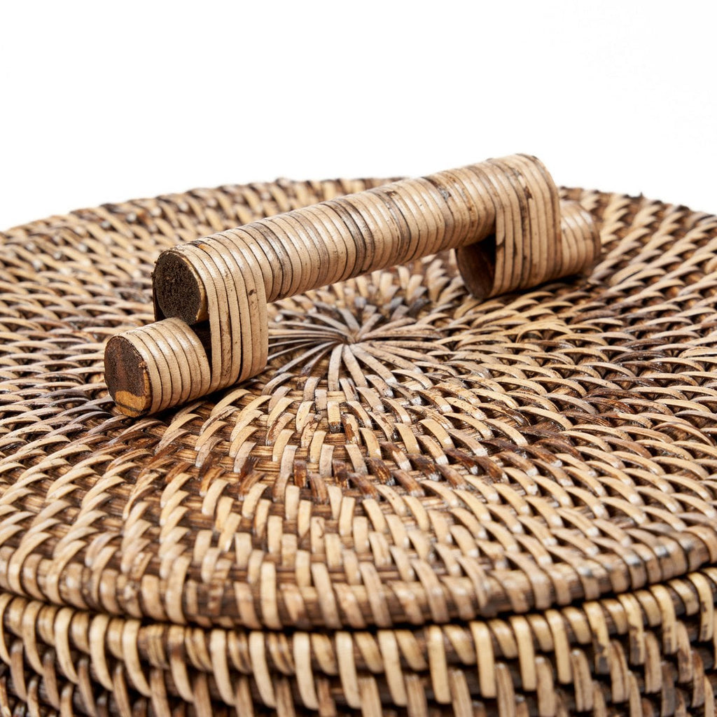 Handgewebter Rattan-Mülleimer niedrig, Nahaufnahme der Flechtstruktur