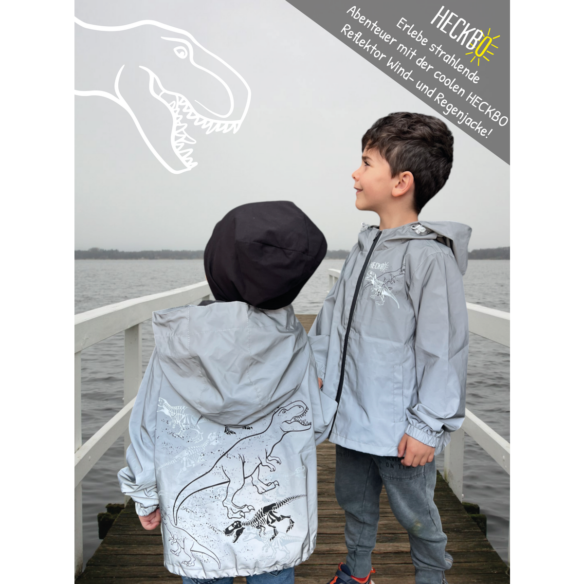 Reflektierende Kinderjacke Dinosaurier Vorderansicht wasserdicht