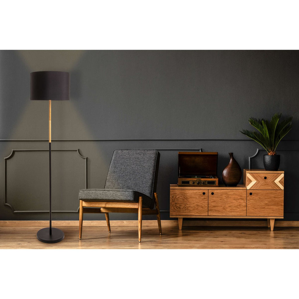 Textil-Stehleuchte "TESSILE", Stehlampe aus Metall, Gummibaumholz und Stoff in Schwarz, und Natur, E27-Fassung, 126 cm hoch