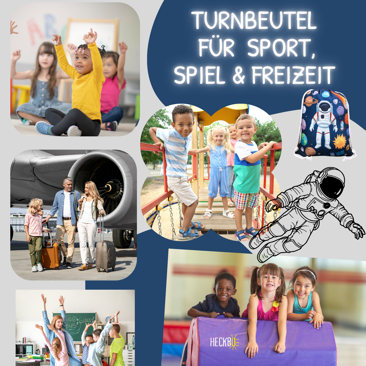 HECKBO Sportbeutel Weltraum - Rückansicht mit Kordelzug-Verschluss
