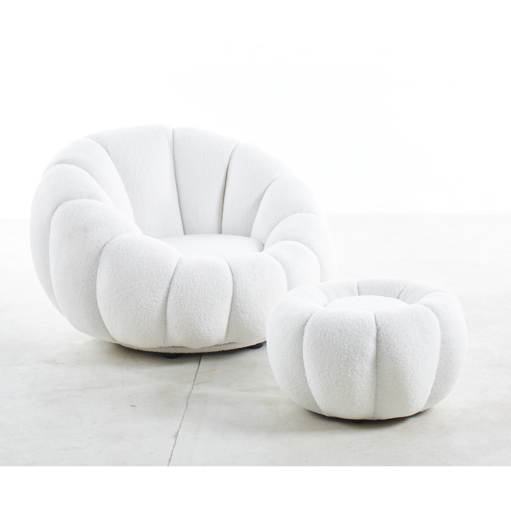 Sessel und Hocker Set aus Teddyfell Weiß