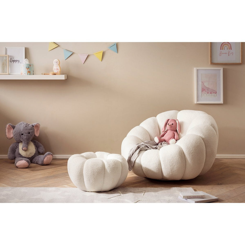 Sessel und Hocker Set aus Teddyfell Weiß