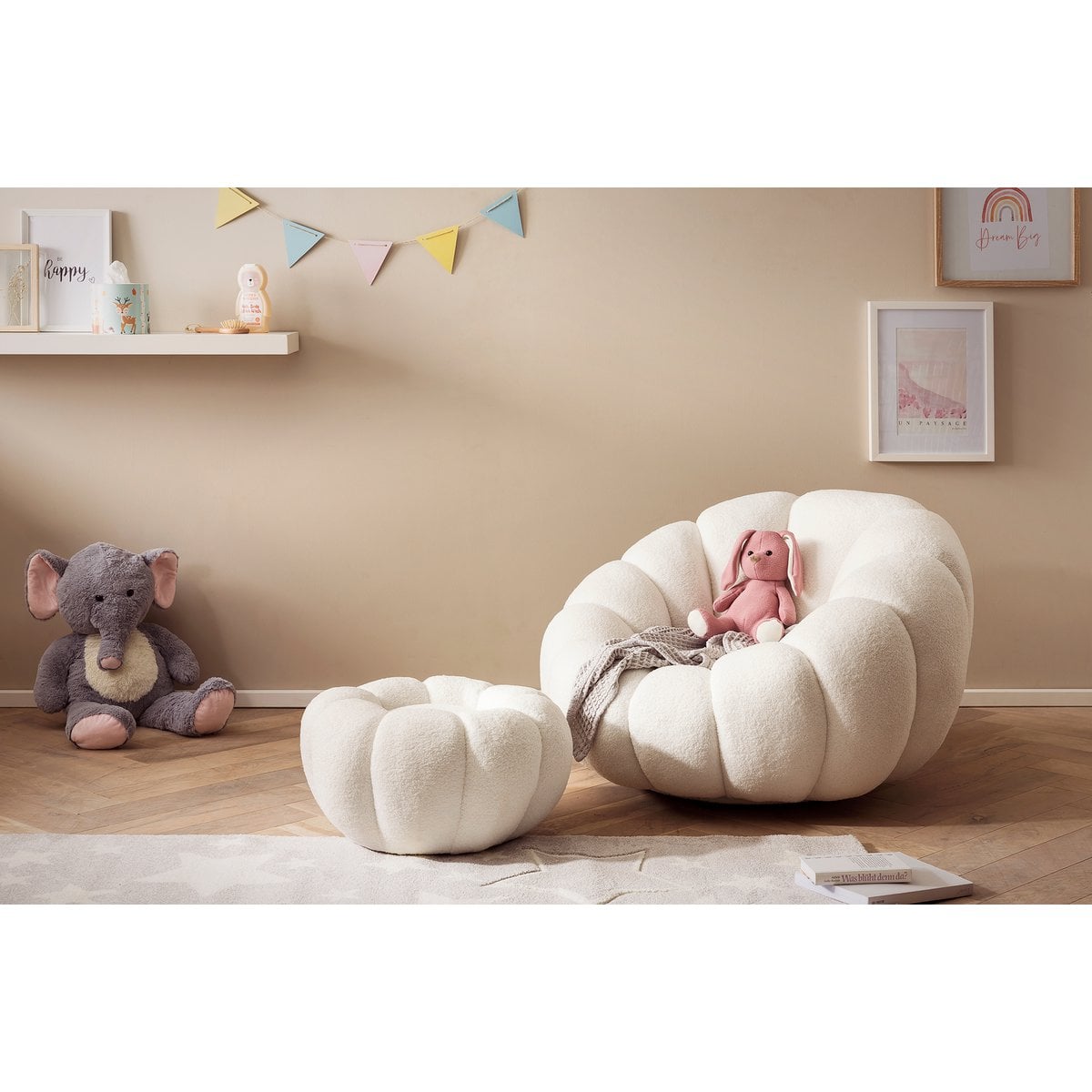 Sessel und Hocker Set aus Teddyfell Weiß