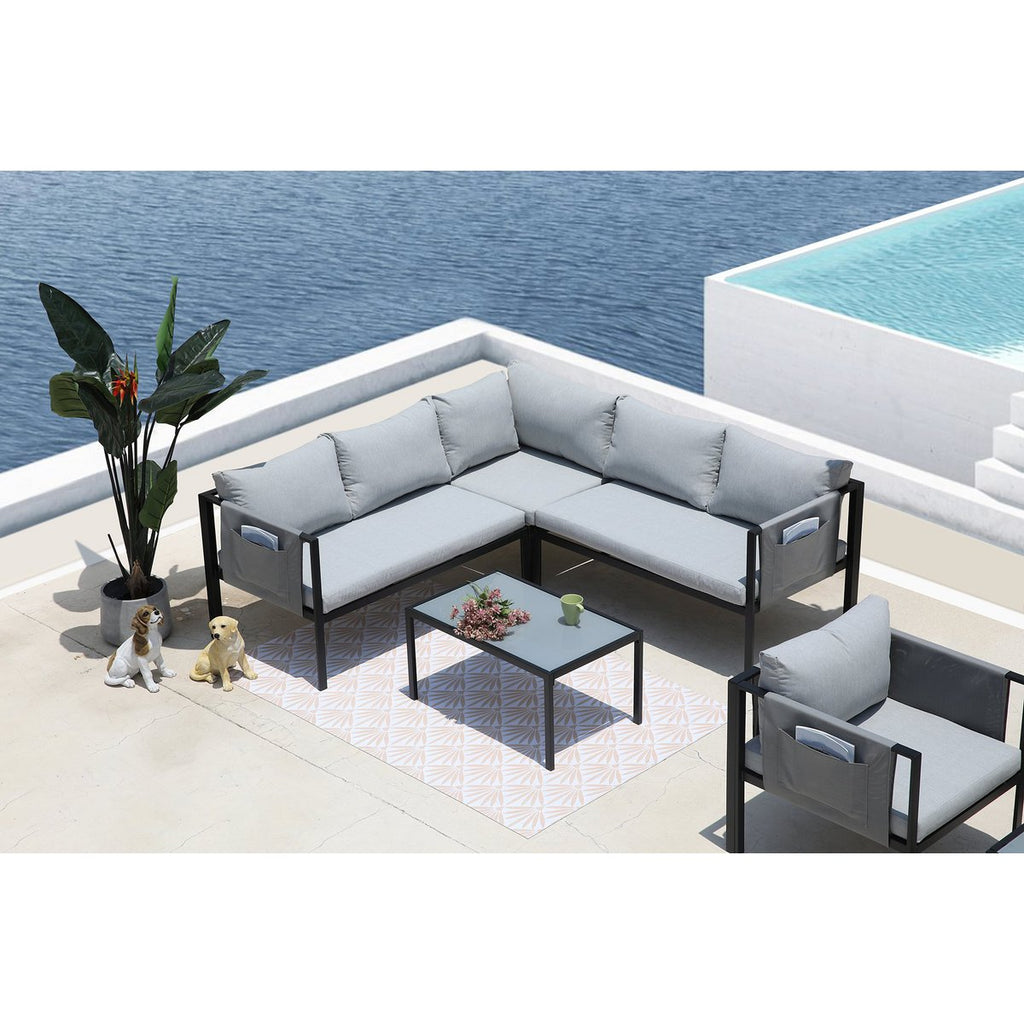 Outdoor Lounge Set schwarz mit grauen Sitzkissen und Rückenkissen"