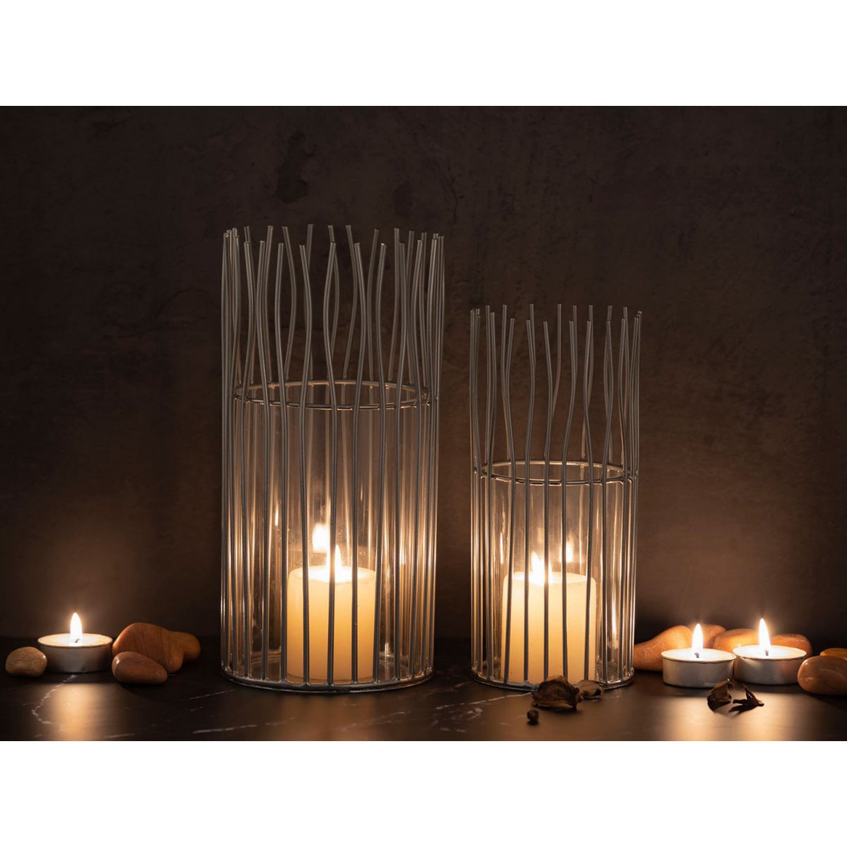 Kerzenhalter Set 2-teilig Teelichthalter Windlicht Loft schwarz o. silber Kerzenständer Windlichter