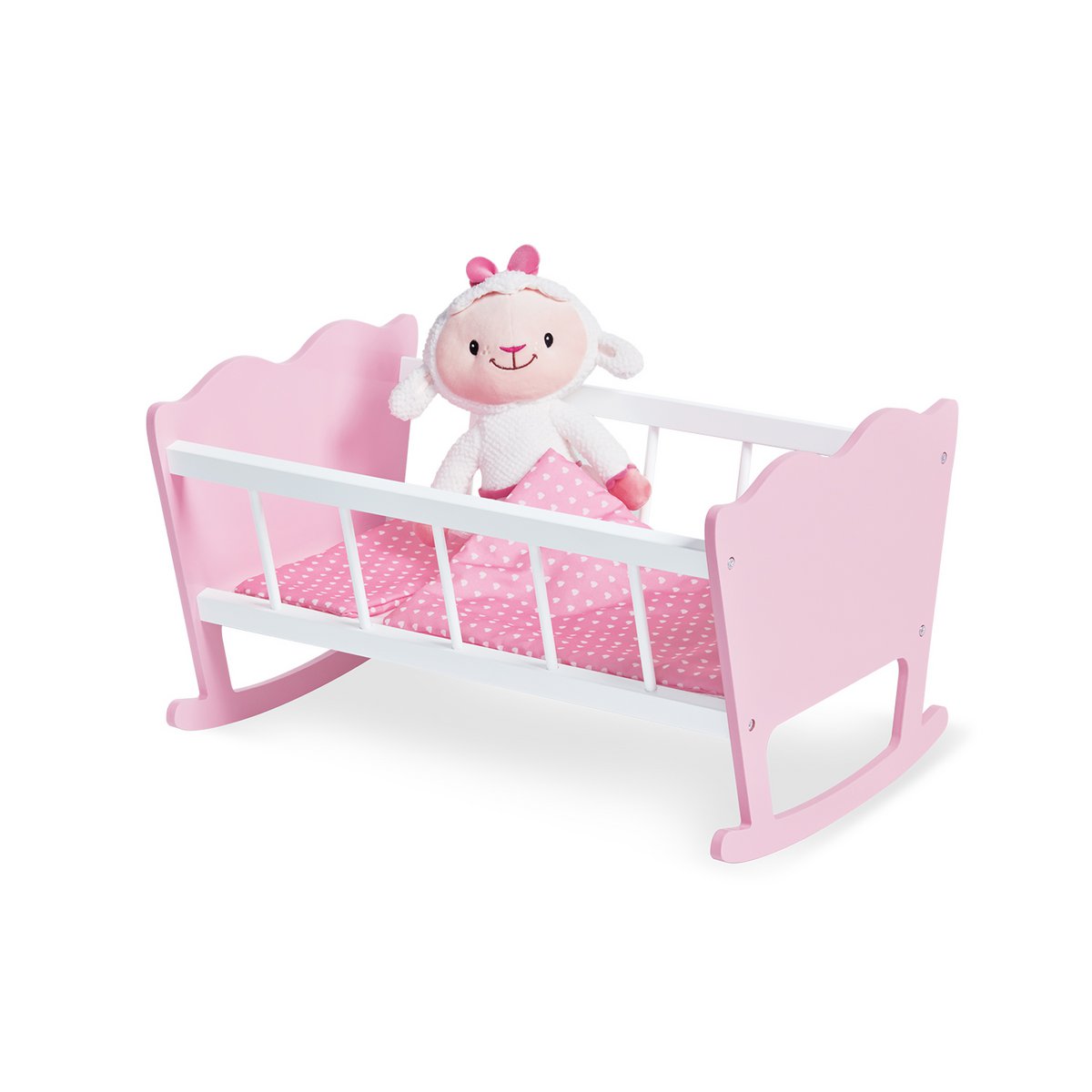 Puppenwiege Jasmine in Rosa und Weiß mit Bettwäsche Little Hearts
