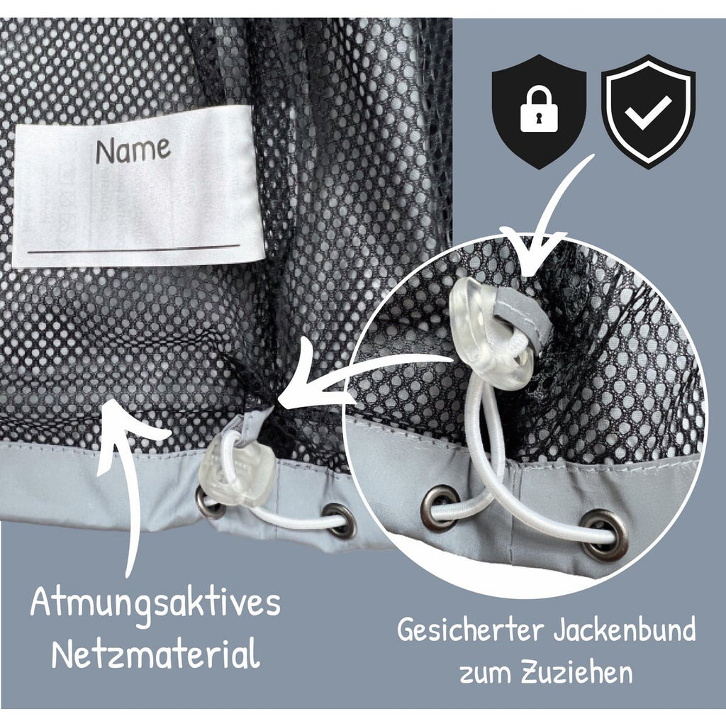 Kinder Regenjacke Dinosaurier Rückenansicht mit Reflektoren