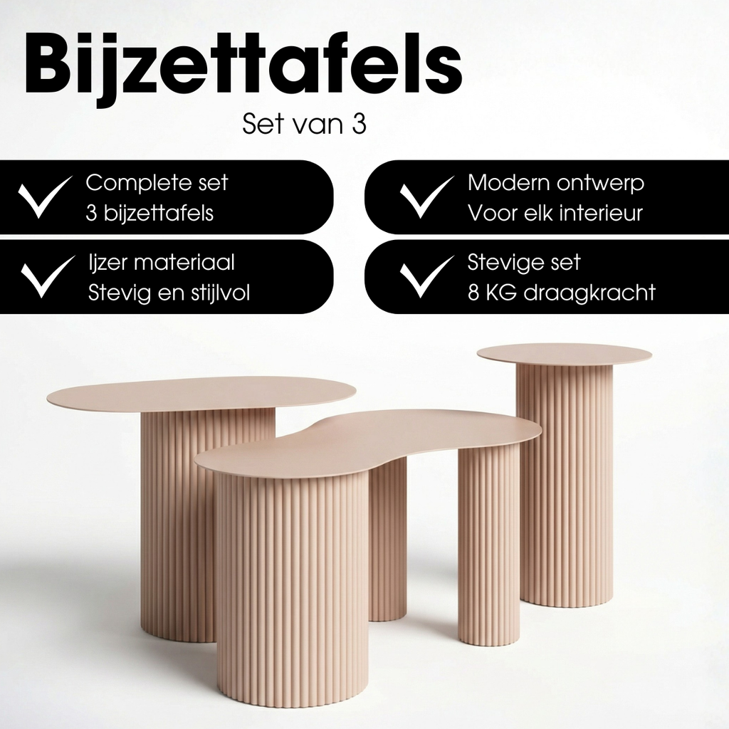 Lux Beistelltisch Set Braun – Seitenansicht gerippte Beine