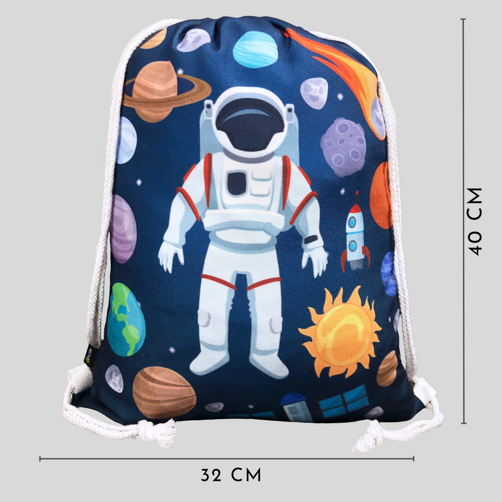 Kinder Sportbeutel Astronaut - Seitenansicht mit Kordelzug