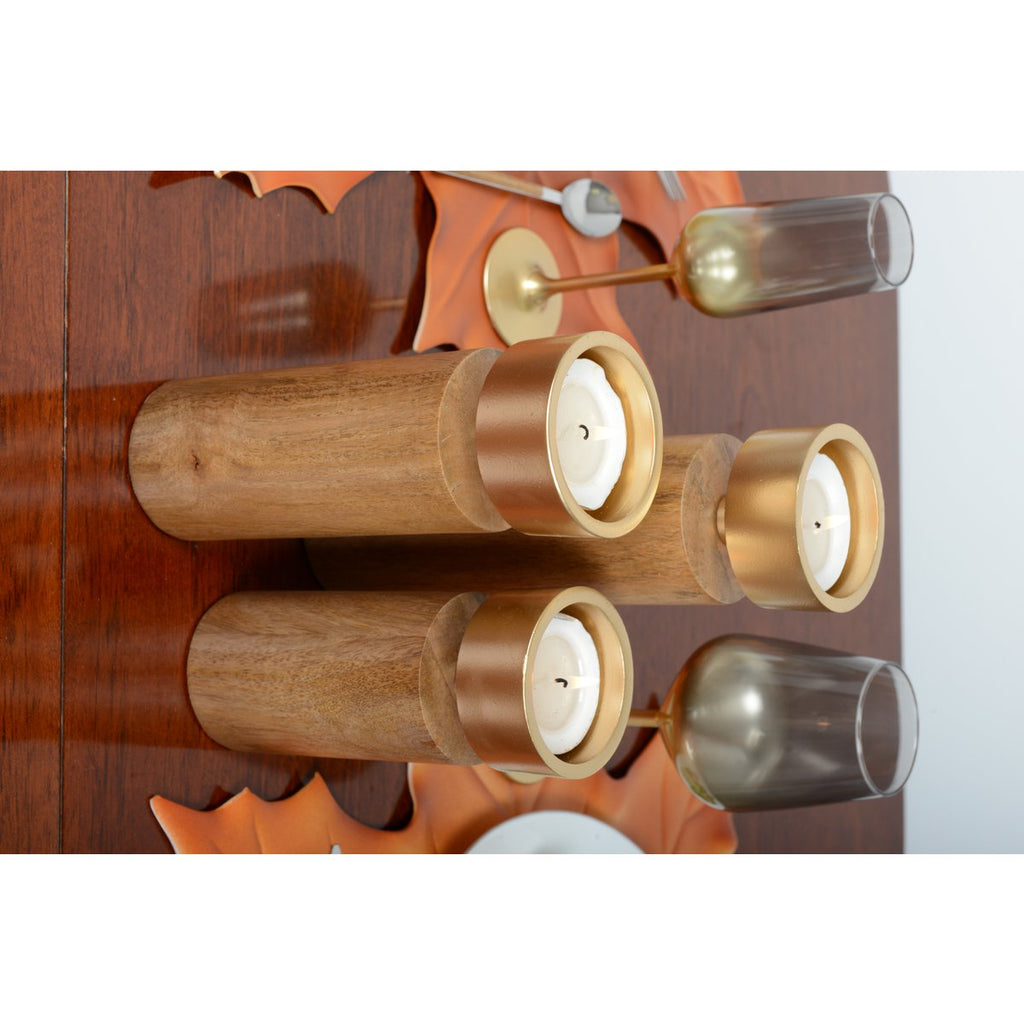 Holz- und goldener Metallkerzenhalter 27 cm