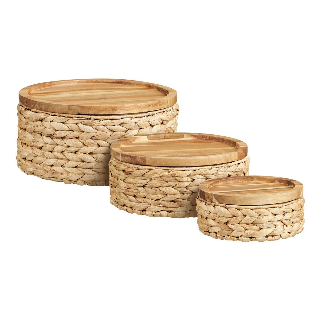 Botofte Baskets with wood lid, water hyacinth, natural, set of 3
