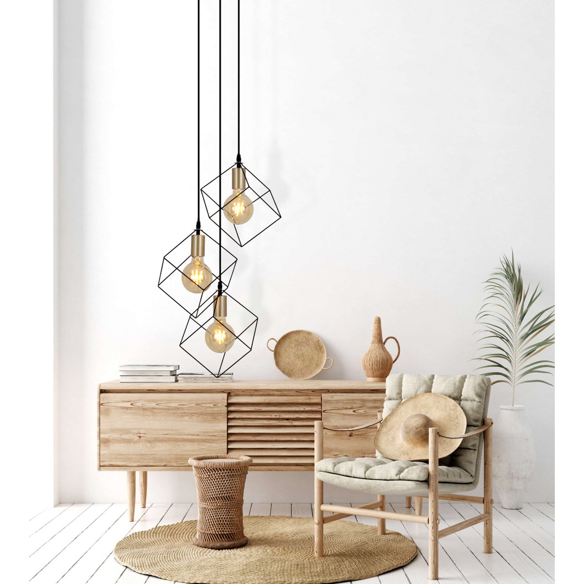 3 flammige Pendelleuchte "CANTO", Hängelampe aus Metall in Schwarz, und Gold, E27-Fassung-Fassung-Fassung, für Esszimmer, Wohnzimmer, Diele oder Büro, 39 x 39 cm