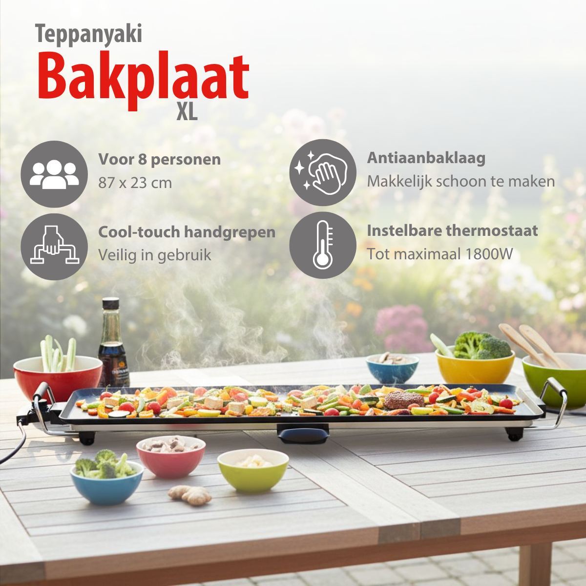 Teppanyaki Grillplatte XL Schwarz von alpina – 87 cm Elektro-Tischgrill mit Fettauffangschale
