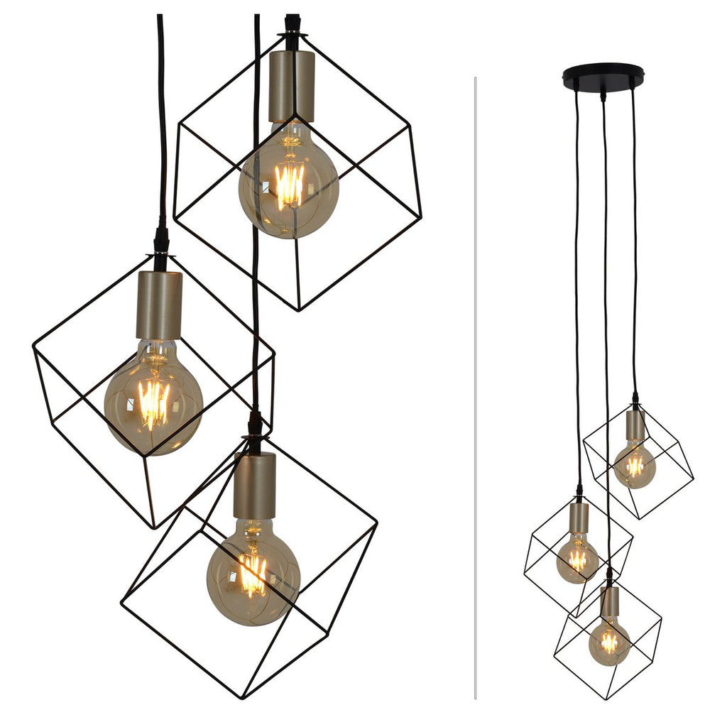 3 flammige Pendelleuchte "CANTO", Hängelampe aus Metall in Schwarz, und Gold, E27-Fassung-Fassung-Fassung, für Esszimmer, Wohnzimmer, Diele oder Büro, 39 x 39 cm