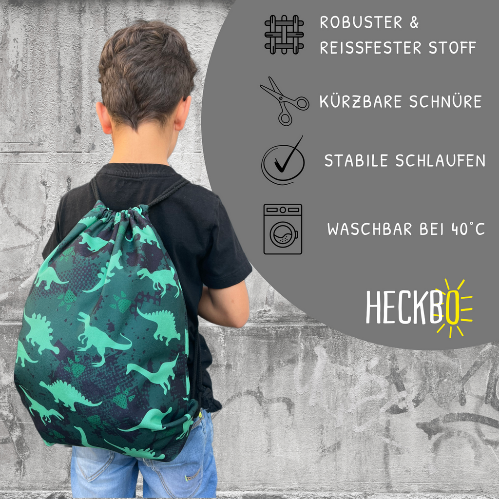 HECKBO Turnbeutel Dino - Detailansicht mit bunten Dinosaurier-Designs