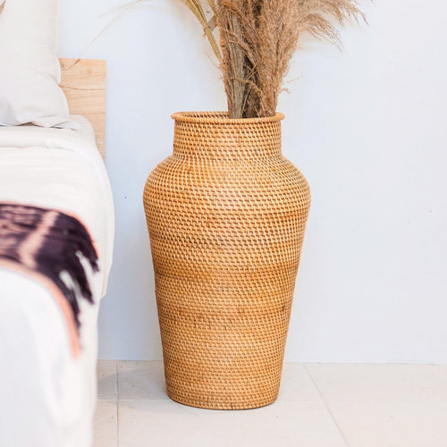 Rattan Bodenvase KIDUNG Ø30x56 cm - Handgefertigte Boho Designer-Vase