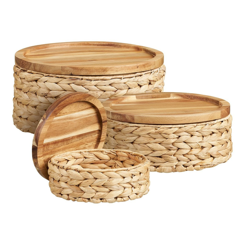 Botofte Baskets with wood lid, water hyacinth, natural, set of 3