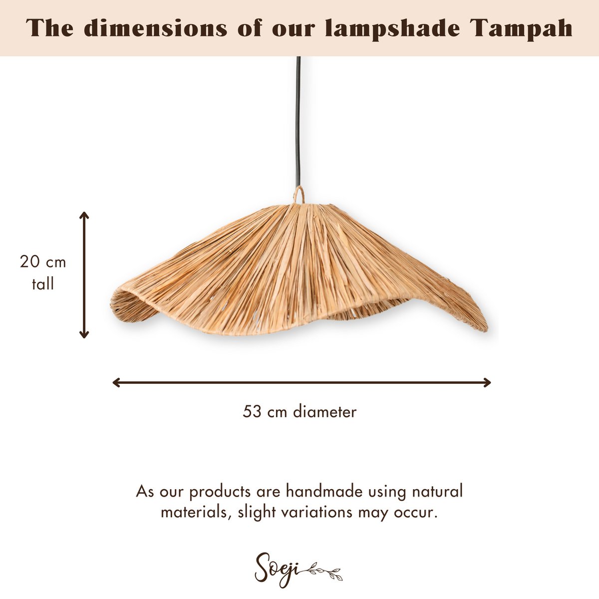 Boho Lampenschirm – Große Raffia-Deckenleuchte – Natürliche Pendelleuchte – Handgefertigte Deckenlampe aus Raffia TAMPAH (Ø 53 cm)
