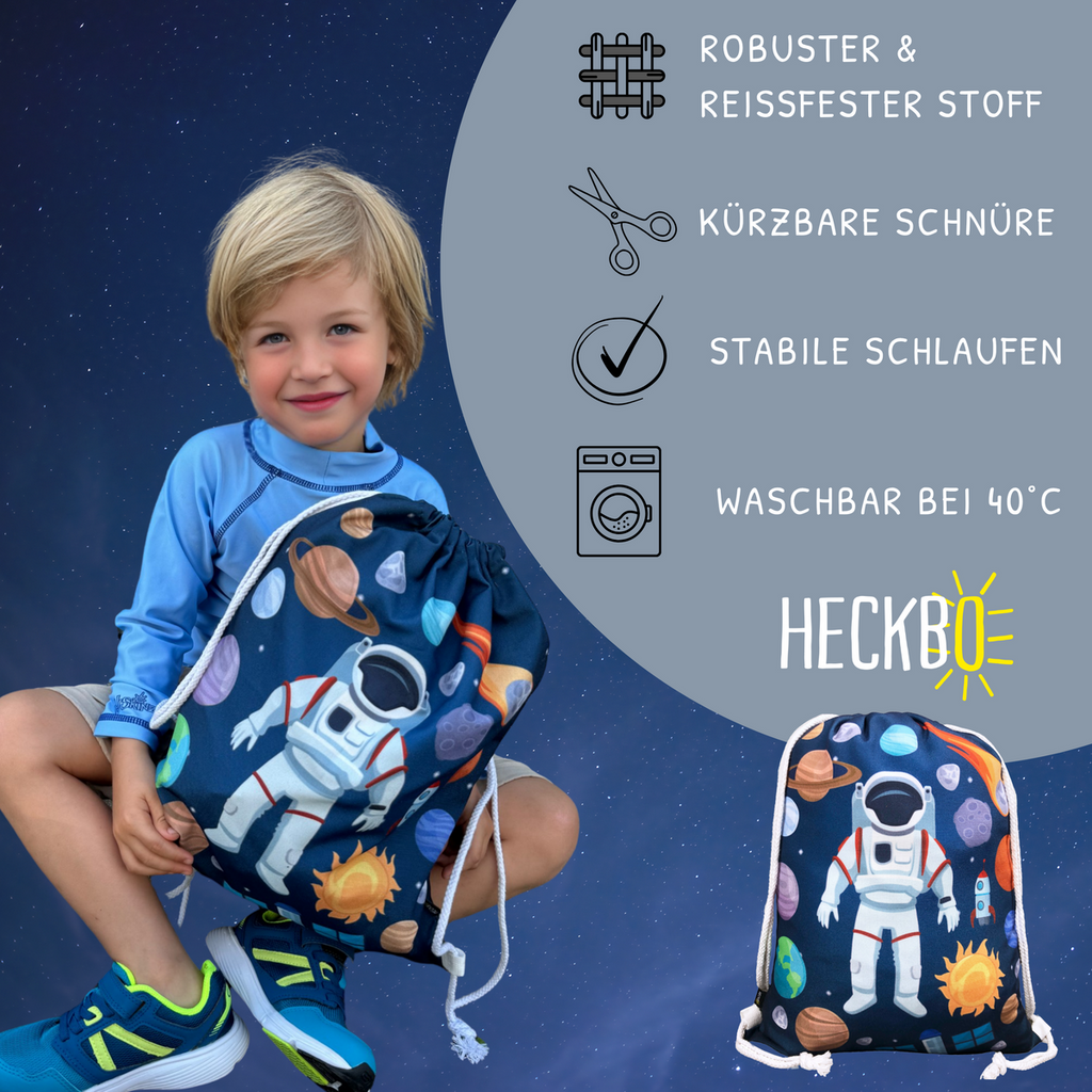 HECKBO Turnbeutel Weltraum - Detailansicht mit Astronauten und Planeten Motiv