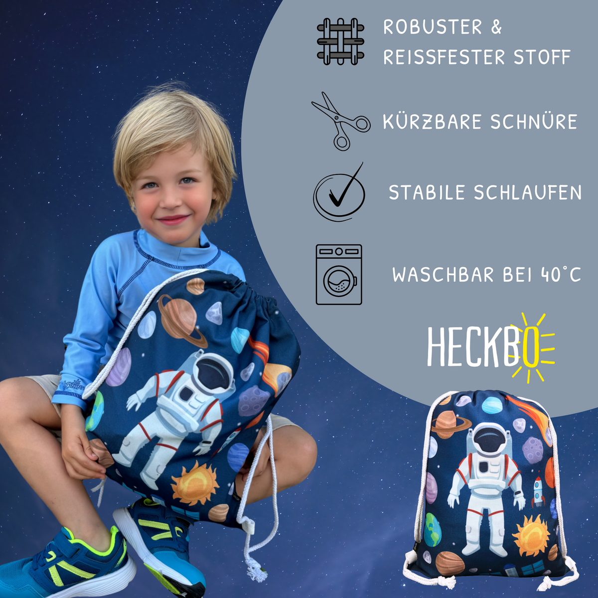HECKBO Turnbeutel Weltraum - Detailansicht mit Astronauten und Planeten Motiv