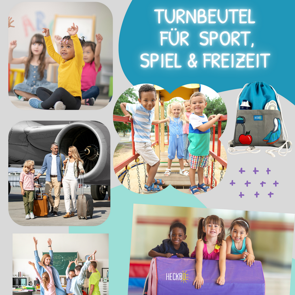 HECKBO Sportbeutel Türkis Grau - Rückansicht mit Kordelzug-Verschluss