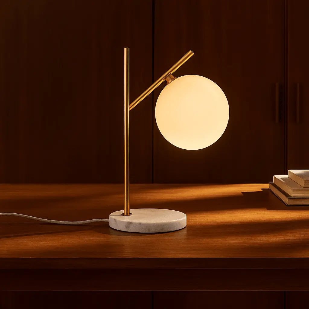 Madison Tischlampe Marmor - Detailansicht Milchglaskugel