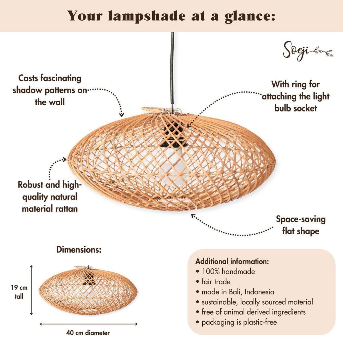 Rattan-Lampenschirm-Boho-Anhänger Licht-natürliche Deckenlampe-Scheibe-förmige Lampe-flaches handgewebte Deckenleuchte (Ø 40 cm) Arana