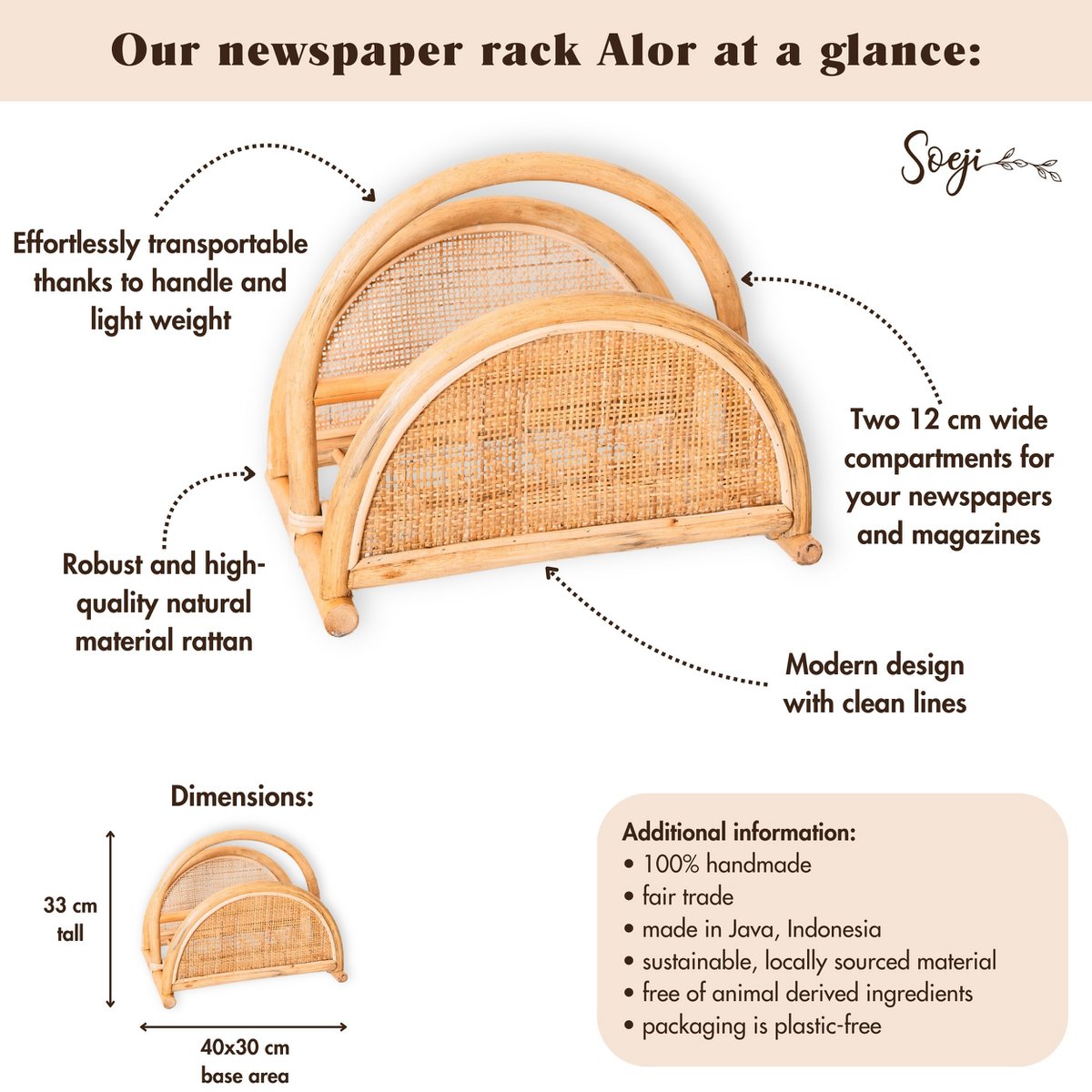 Rattan-Zeitungsständer ALOR Nahaufnahme Flechtwerk-Detail
