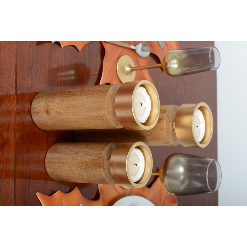 Holz- und goldener Metallkerzenhalter 27 cm